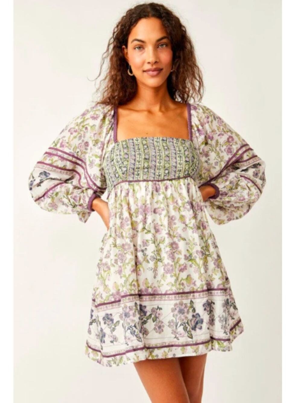 NWT FREE PEOPLE Endless Afternoon Print Long Sleeve Minidress Tea Combo XS